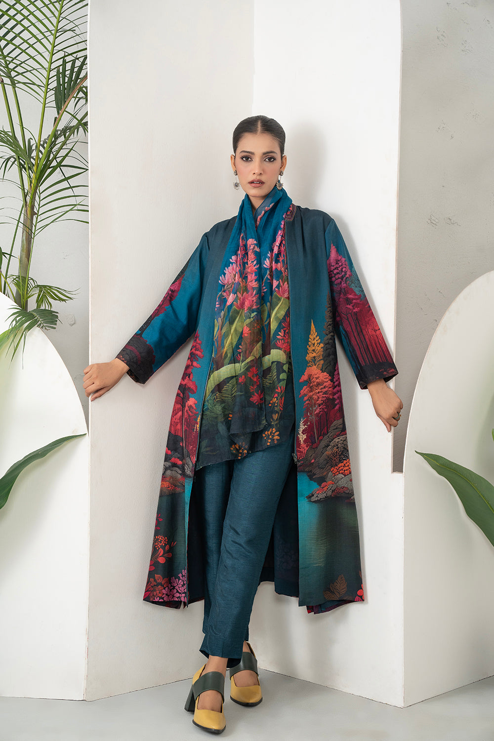 Deep Teal Fades Into Twilight Blue Silk Chanderi Forest Scene Printed Dress (1 PC)