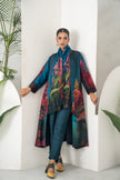 Deep Teal Fades Into Twilight Blue Silk Chanderi Forest Scene Printed Dress (1 PC)