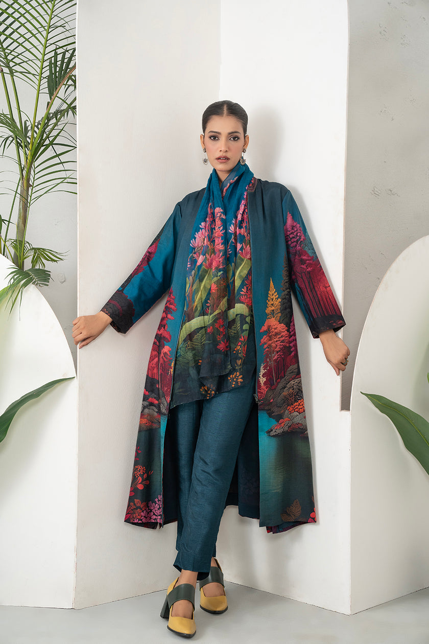 Deep Teal Fades Into Twilight Blue Silk Chanderi Forest Scene Printed Dress (1 PC)