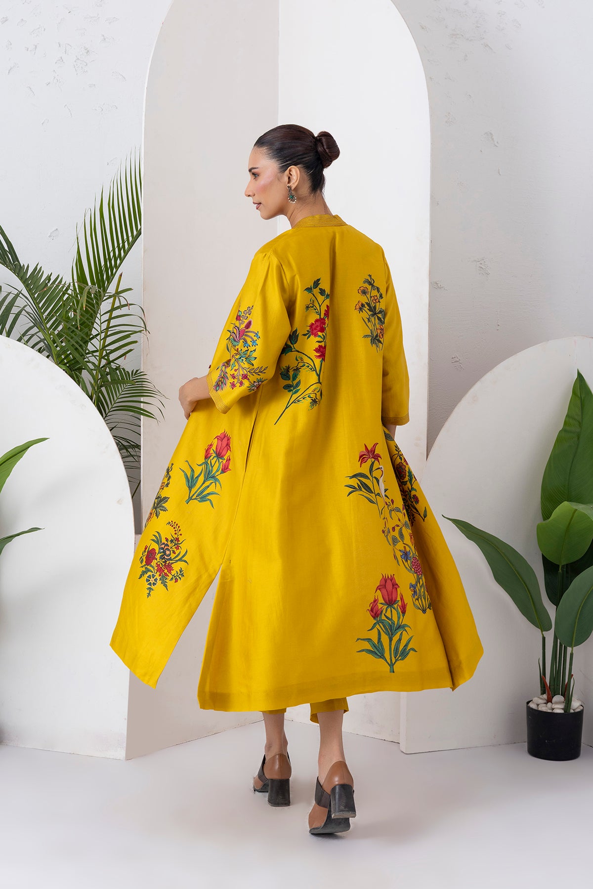 Yellow Silk Chanderi Floral Printed Front Open Dress (1 PC)