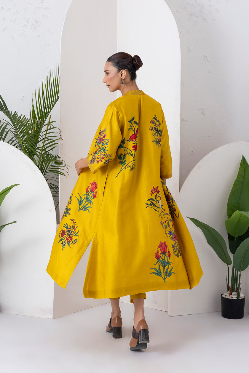 Yellow Silk Chanderi Floral Printed Front Open Dress (1 PC)