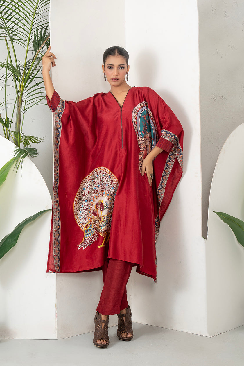 Maroon Silk Chanderi Bold Peacock Printed Zippered Kaftan (1 PC)