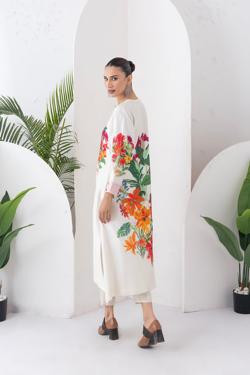 Ivory Silk Chanderi Tunic With Artistic Floral Placement Prints (1 PC)