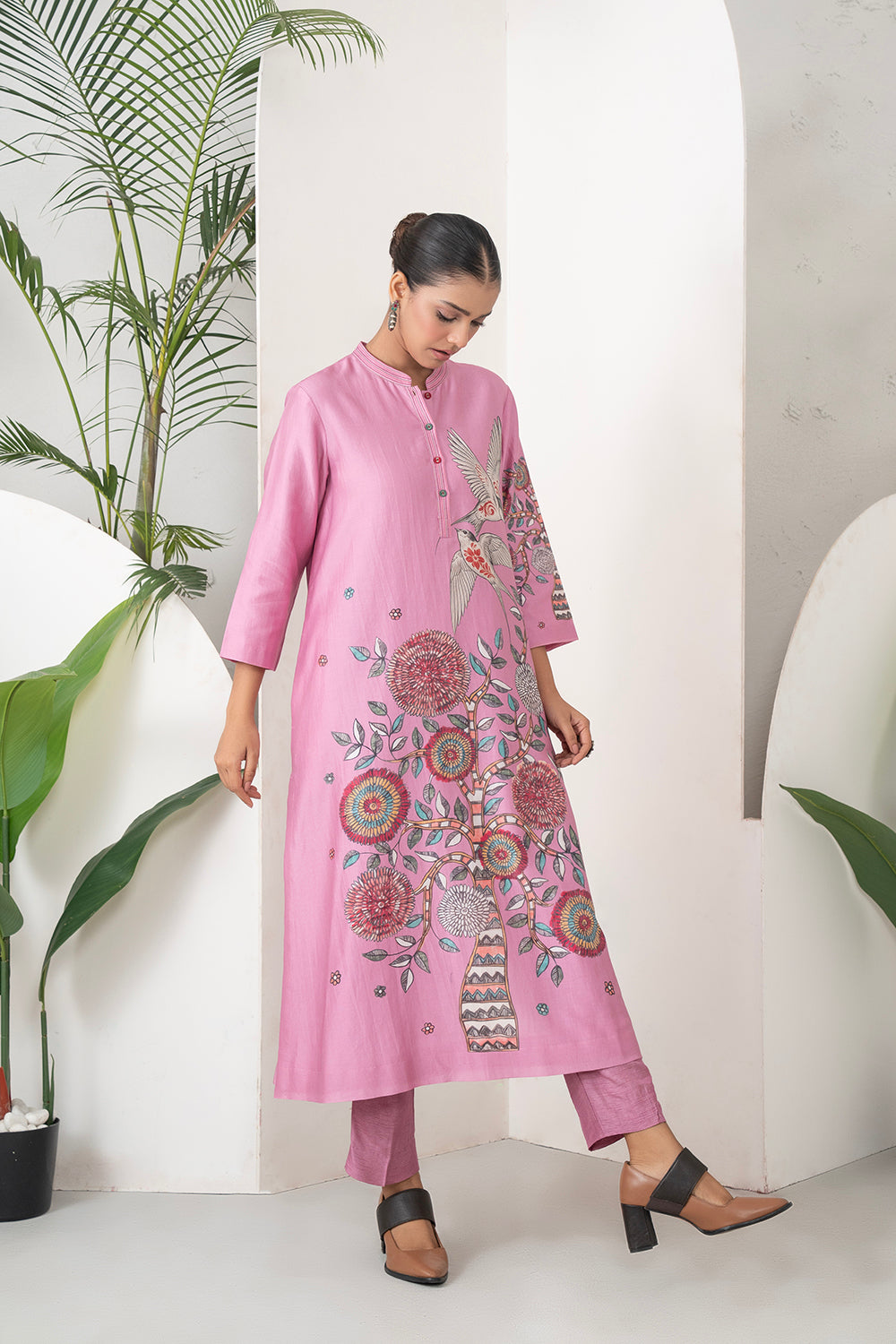 Salmon Pink Silk Chanderi Printed Intricate Bird And Floral Printed Tunic (1 PC)