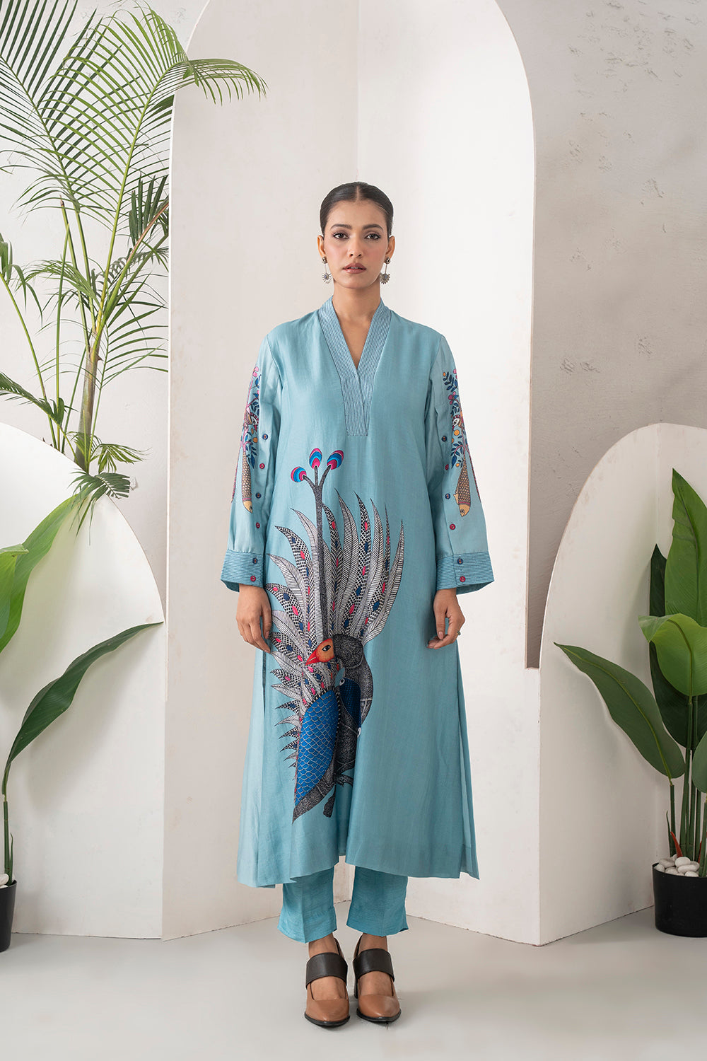 Sky Blue Silk Chanderi Striking Peacock Illustration Printed Tunic (1 PC)