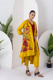 Yellow Silk Chanderi Printed Front Open Floral High-Low Dress (1 PC)