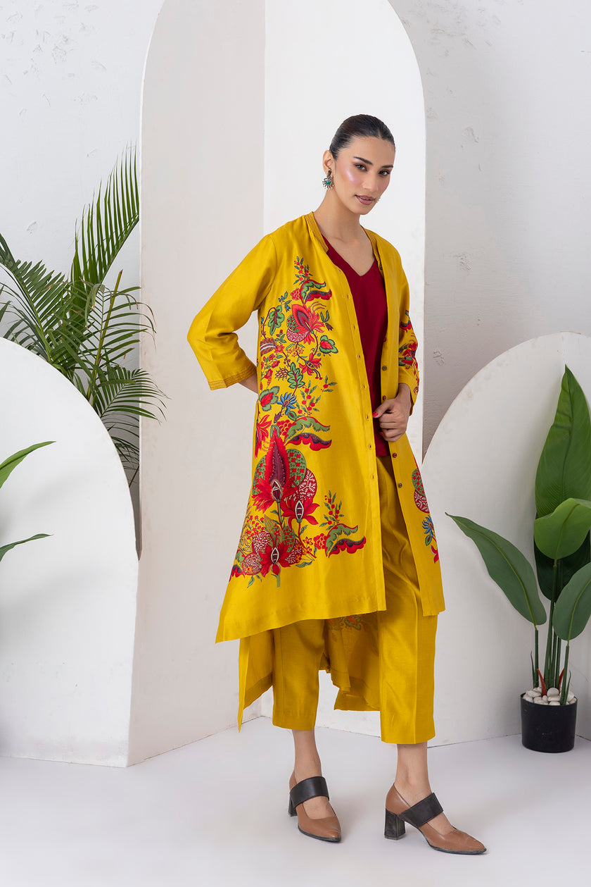 Yellow Silk Chanderi Printed Front Open Floral High-Low Dress (1 PC)
