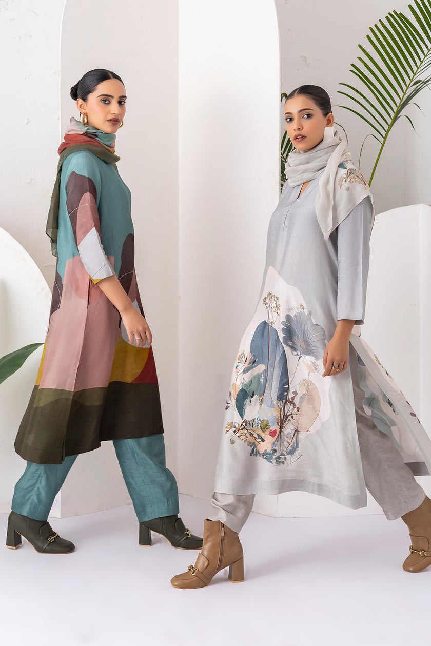 Grey Viscose Dupion Printed Tunic (1 PC)