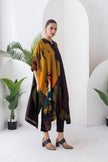 Mustard & Brown Viscose Dupion Printed Kaftan Style Dress (1 PC)