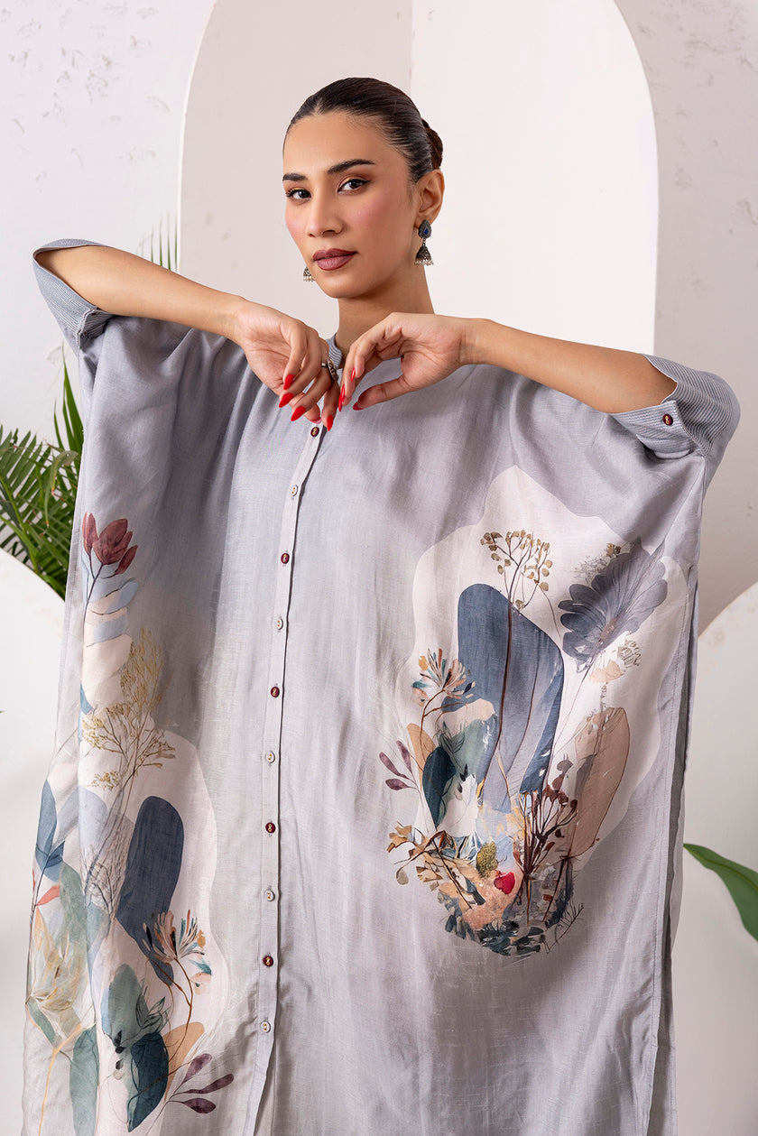 Grey Viscose Dupion Printed Kaftan Style Dress (1 PC)