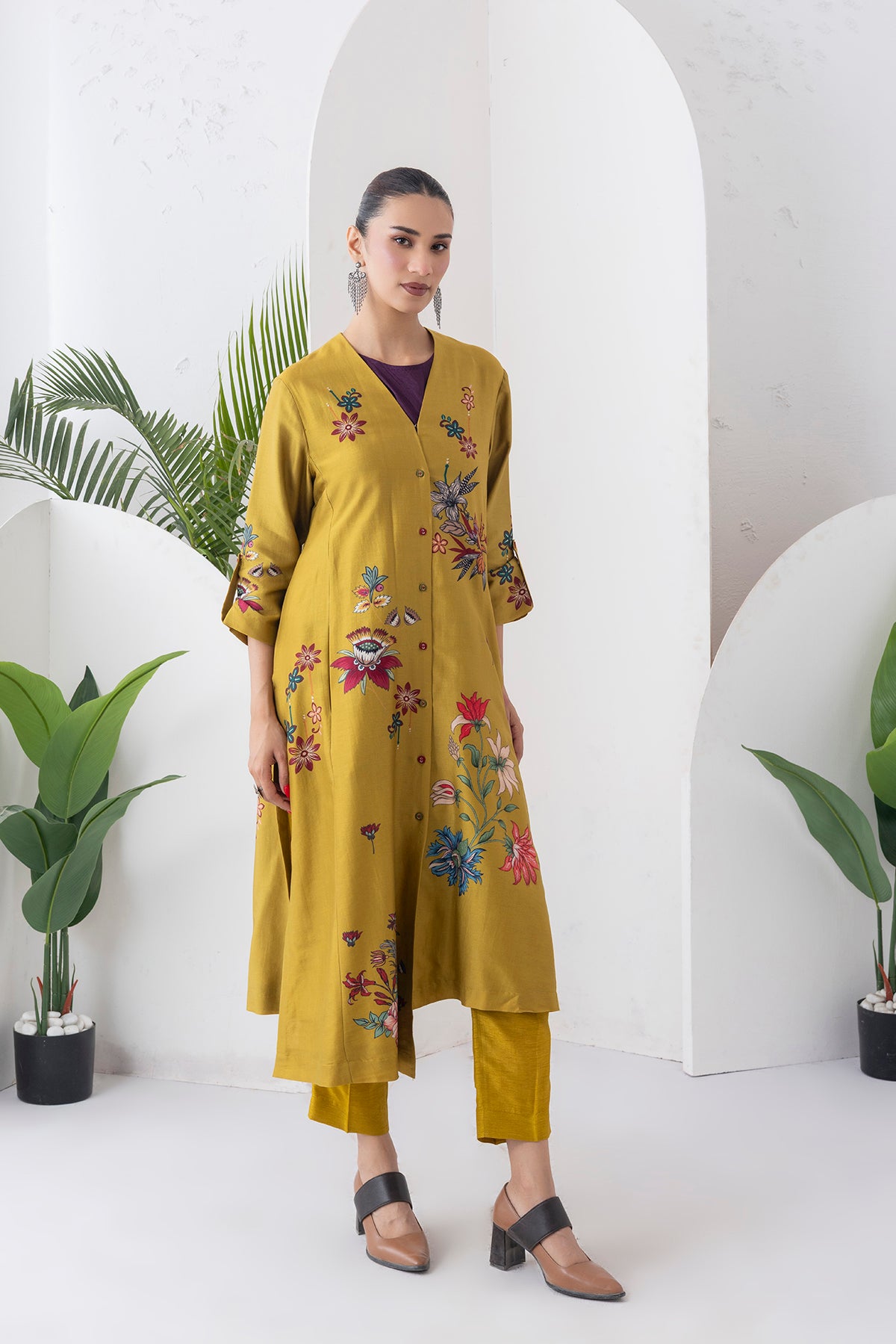Mustard Silk Chanderi Printed High-Low Dress (1 PC)