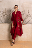 Red Silk Chanderi Printed Front Open Floral Dress (1 PC)