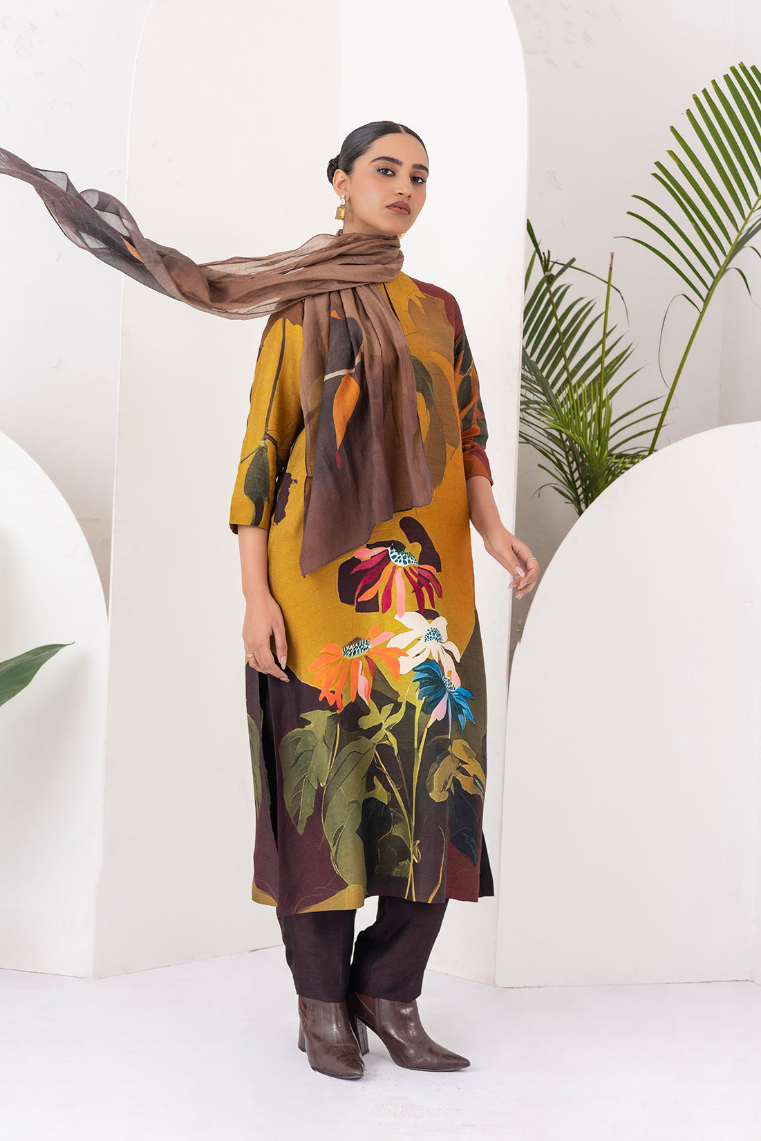 Mustard & Brown Viscose Dupion Printed Tunic (1 PC)