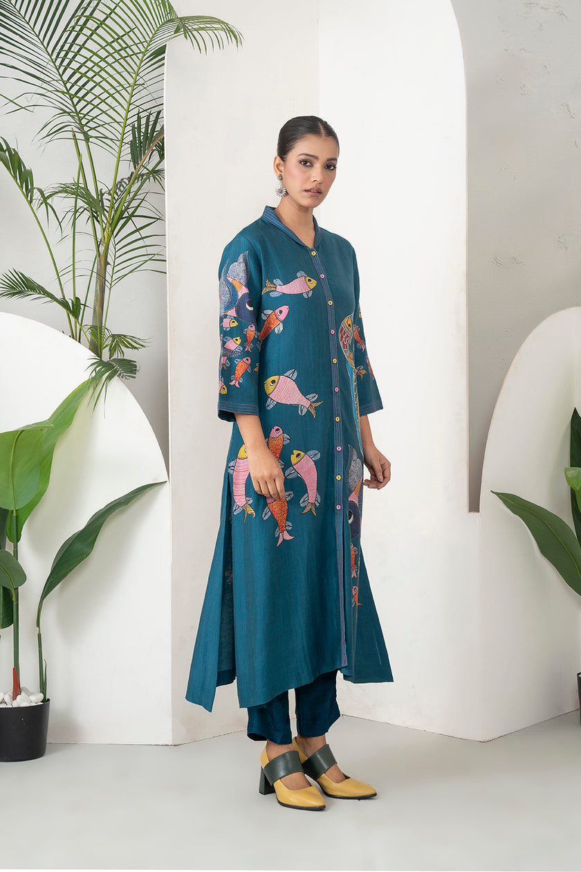 Indigo Silk Chanderi Playful Aquatic Motif Printed Dress (1 PC)