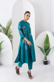 Emerald Silk Chanderi Floral Printed Front Open Dress (1 PC)