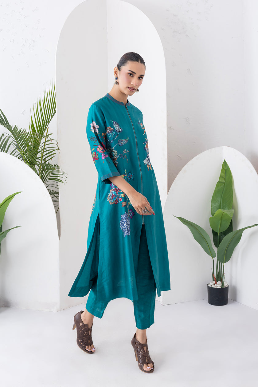 Emerald Silk Chanderi Floral Printed Front Open Dress (1 PC)