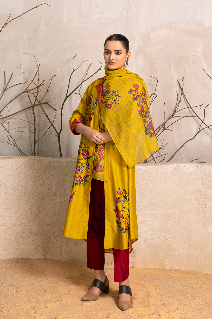 Yellow Silk Chanderi Chintz Printed Front Open Dress (1 PC)