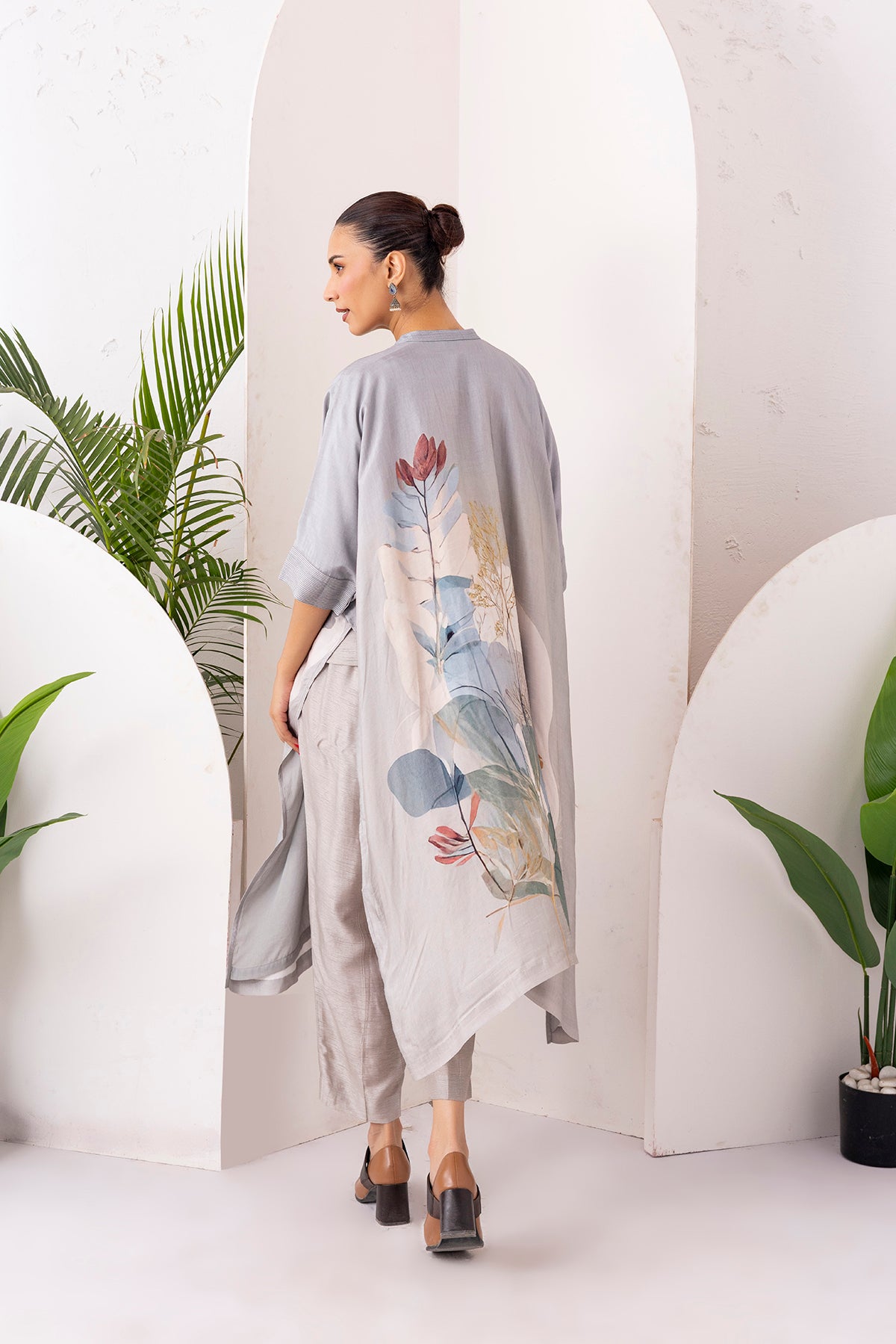 Grey Viscose Dupion Printed Kaftan Style Dress (1 PC)