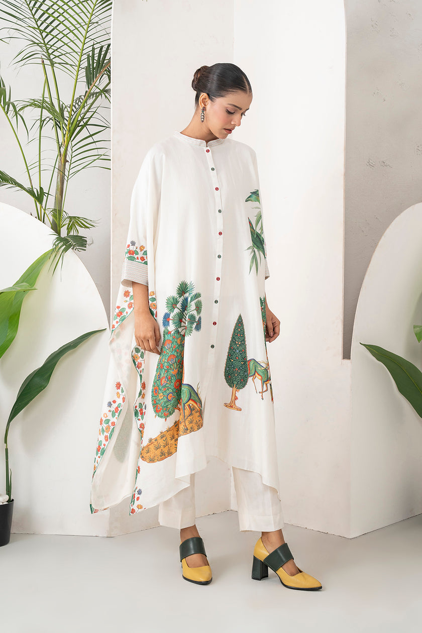 Ivory Silk Chanderi Folk Tale Printed Kaftan (1 PC)