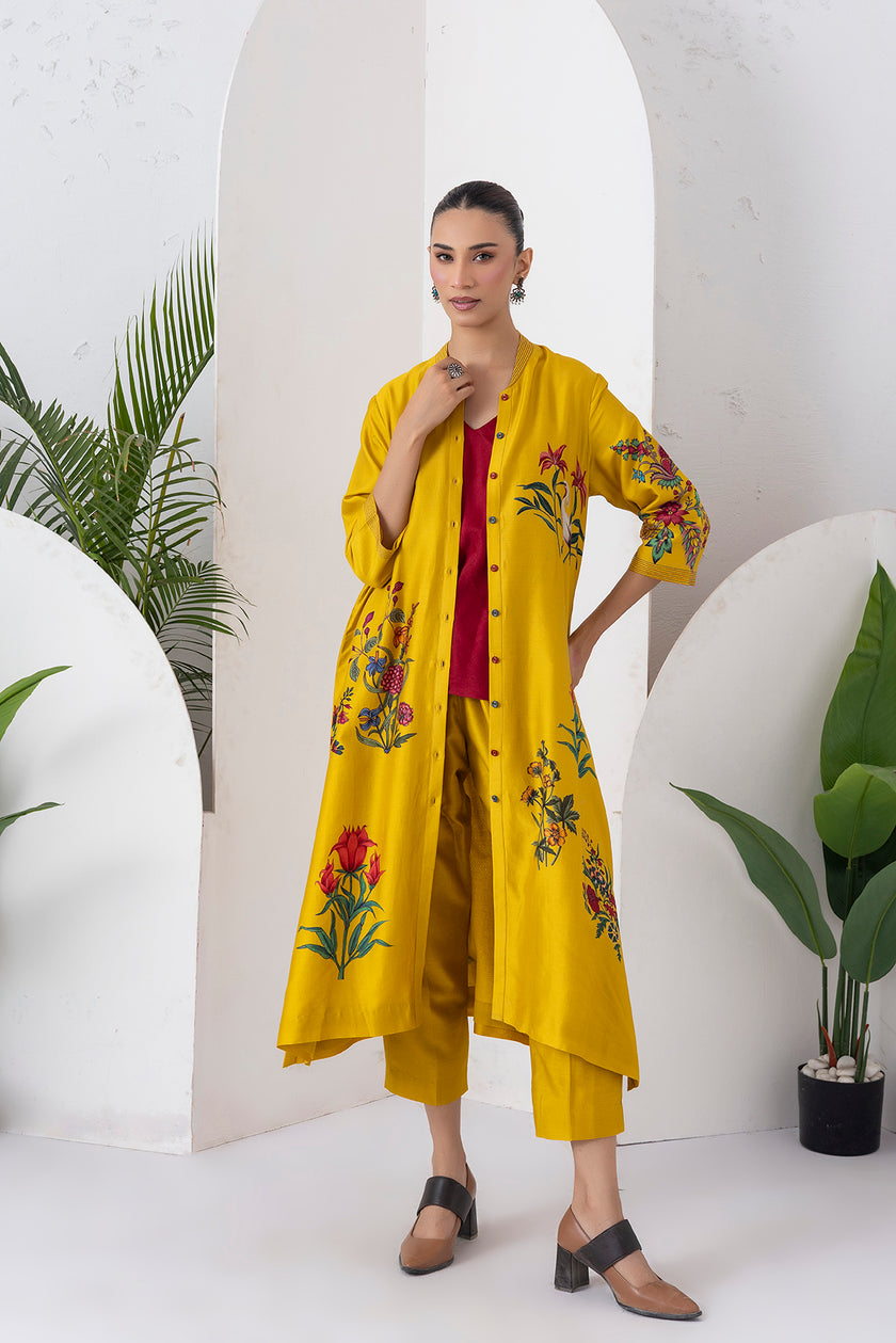 Yellow Silk Chanderi Floral Printed Front Open Dress (1 PC)