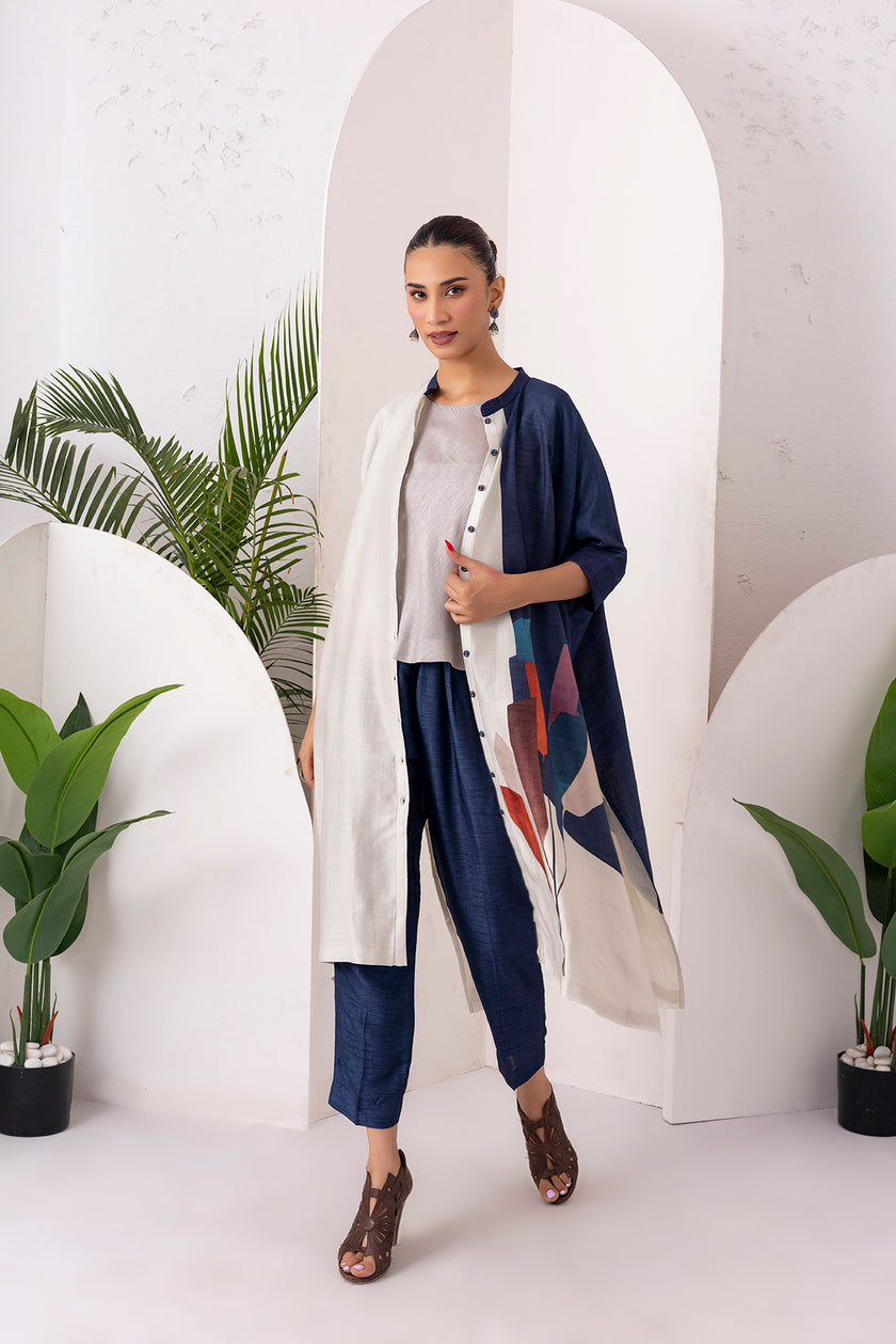 Blue & Ivory Silk Chanderi Printed Kaftan Style Dress (1 PC)