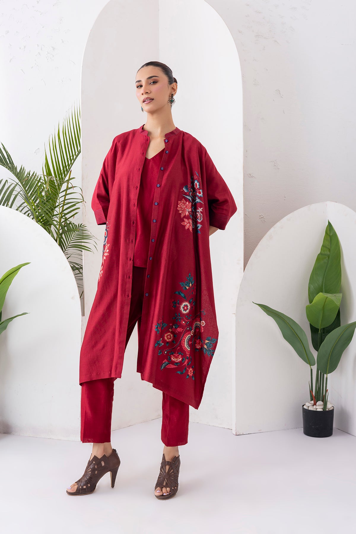 Maroon Silk Chanderi Printed Kaftan Style Dress (1 PC)