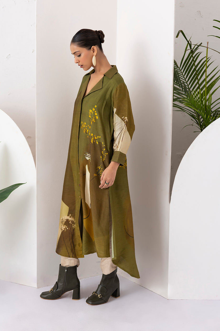 Moss Green Shaded Viscose Dupion Printed Dress (1 PC)