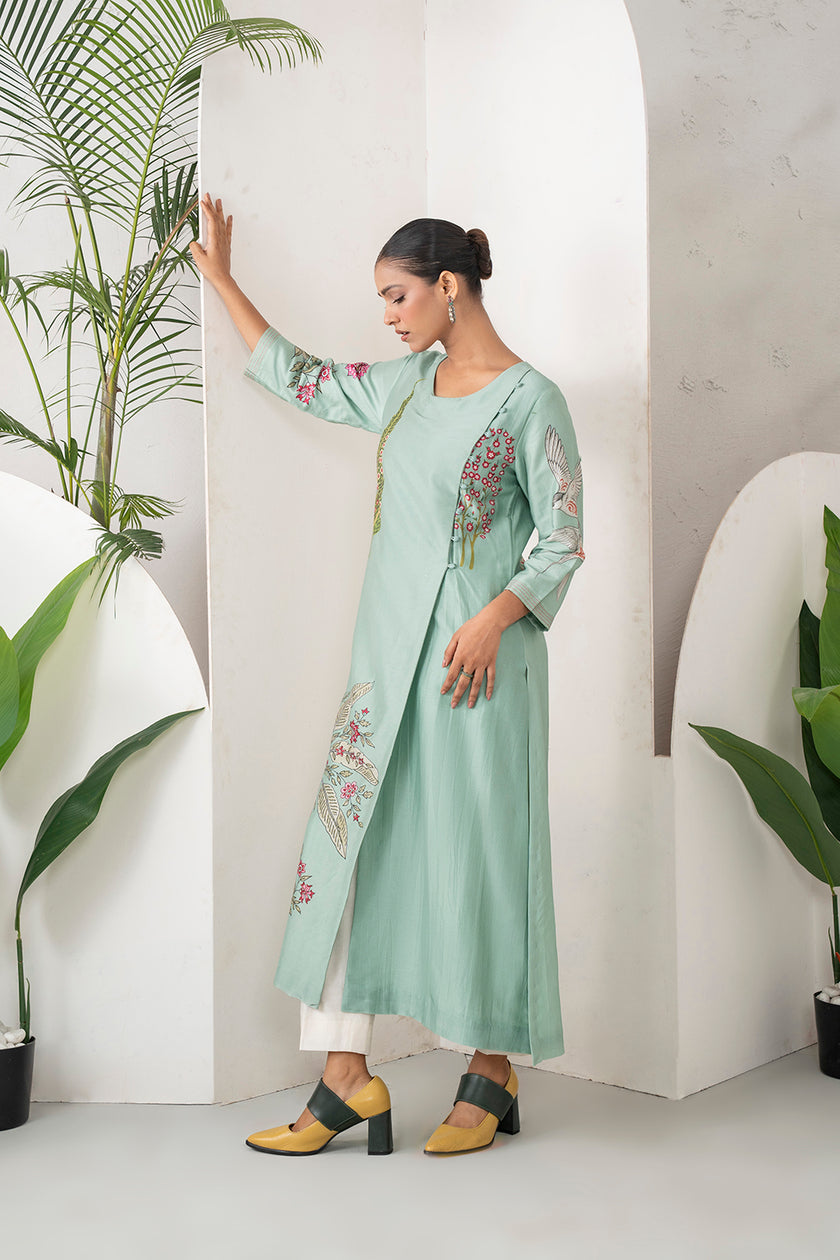Mint Silk Chanderi Miniature Painting Inspired Printed Dress (1 PC)