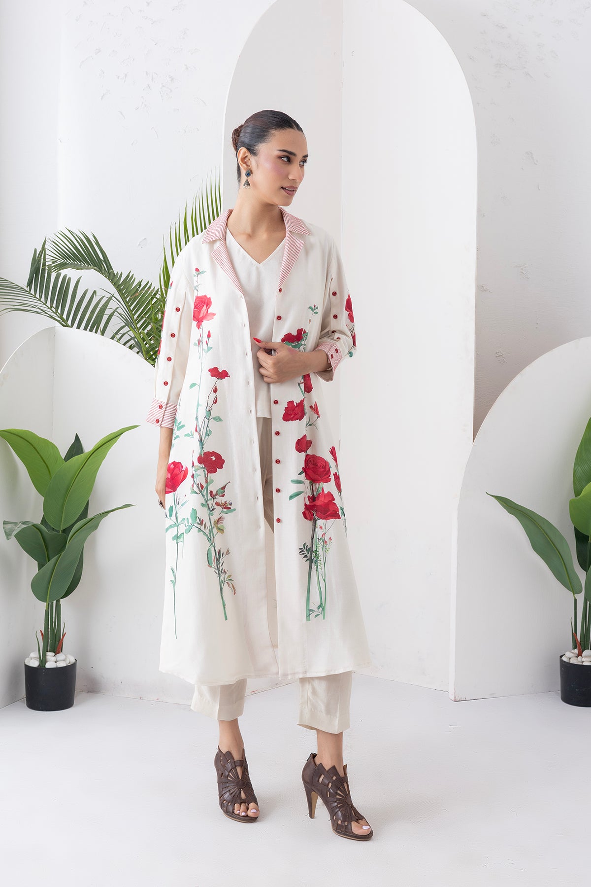 Ivory Silk Chanderi Front Open Printed Dress (1 PC)