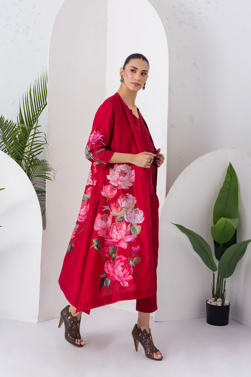 Maroon Silk Chanderi Printed Front Open Dress (1 PC)