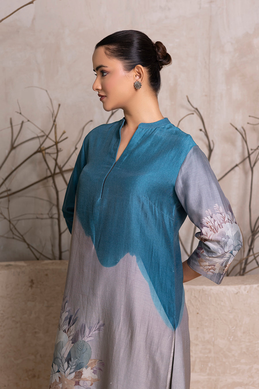 Denim Blue & Grey Shaded Silk Chanderi Printed Tunic (1 PC)