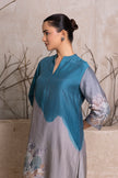 Denim Blue & Grey Shaded Silk Chanderi Printed Tunic (1 PC)