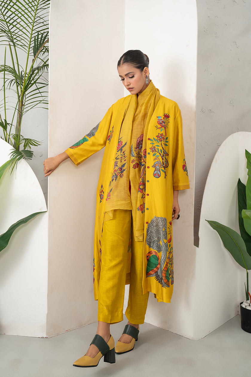 Yellow Silk Chanderi Front Open Striking Bird And Floral Printed Dress (1 PC)