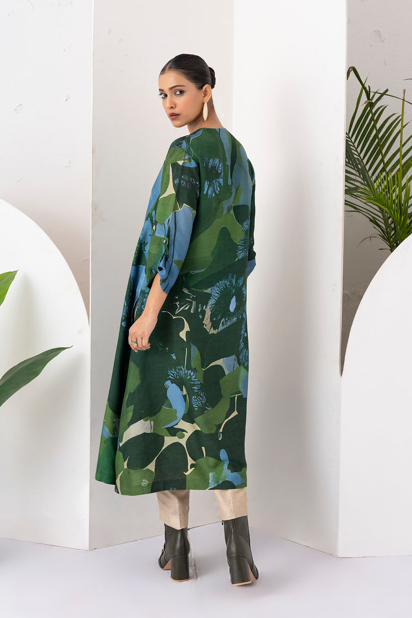 Green & Blue Viscose Dupion Printed Dress (1 PC)