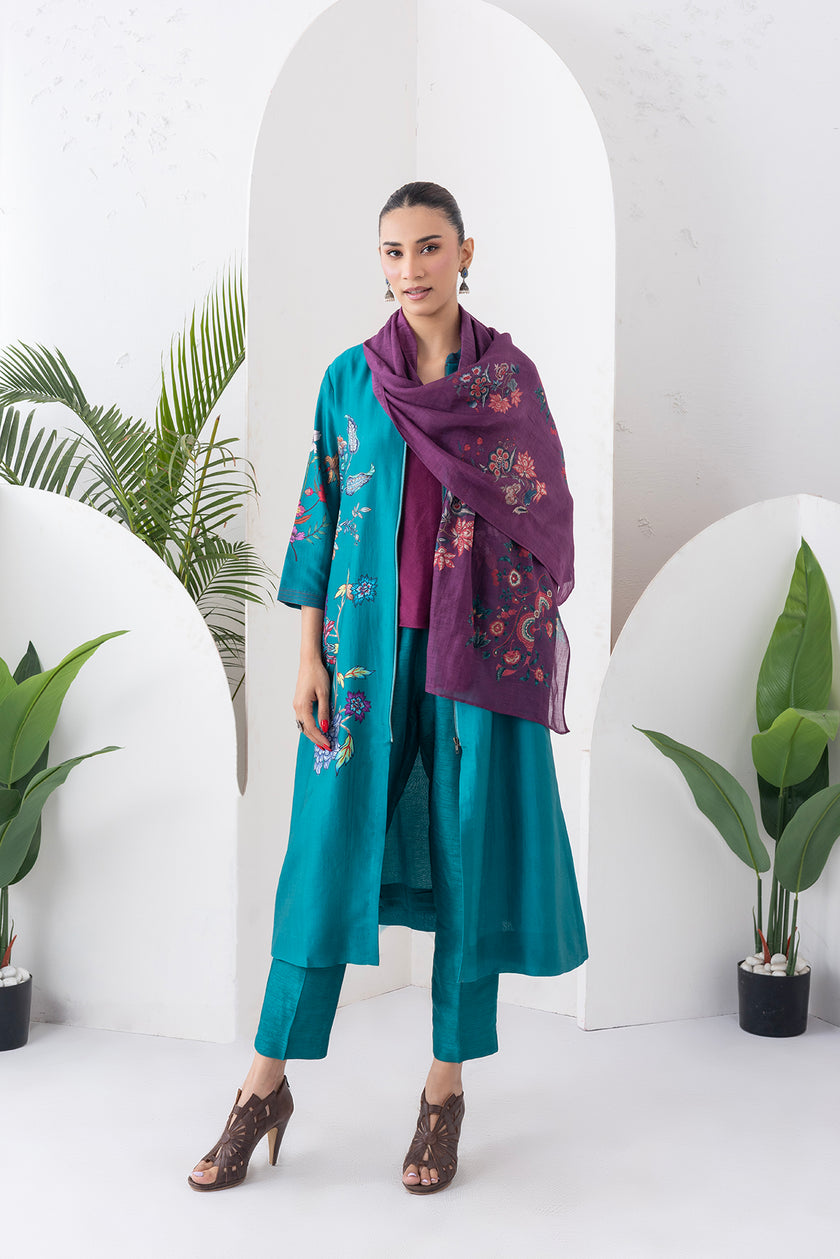 Emerald Silk Chanderi Floral Printed Front-Zip Dress (1 PC)