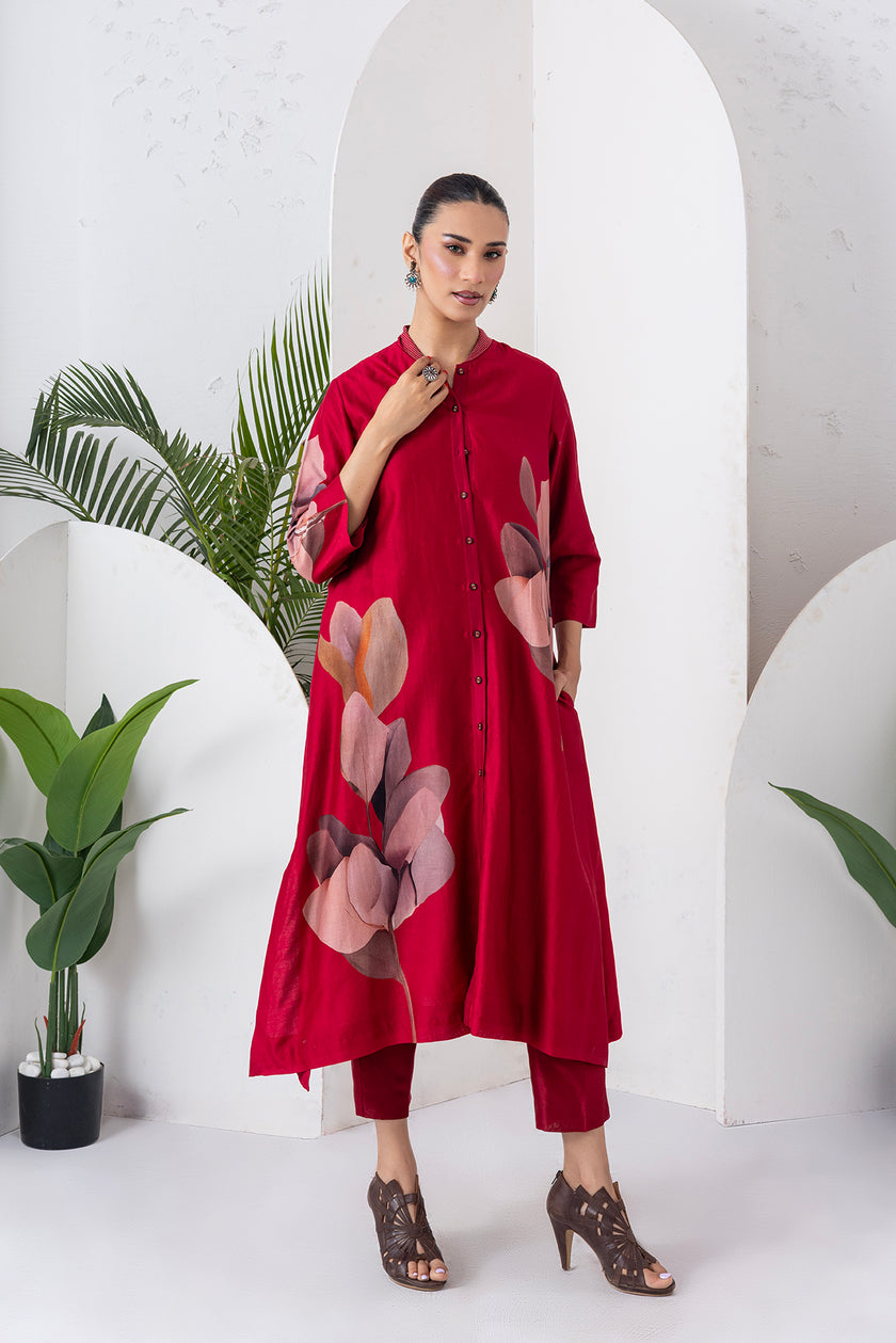 Maroon Silk Chanderi Leaf Printed Dress (1 PC)