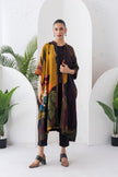 Mustard & Brown Viscose Dupion Printed Kaftan Style Dress (1 PC)