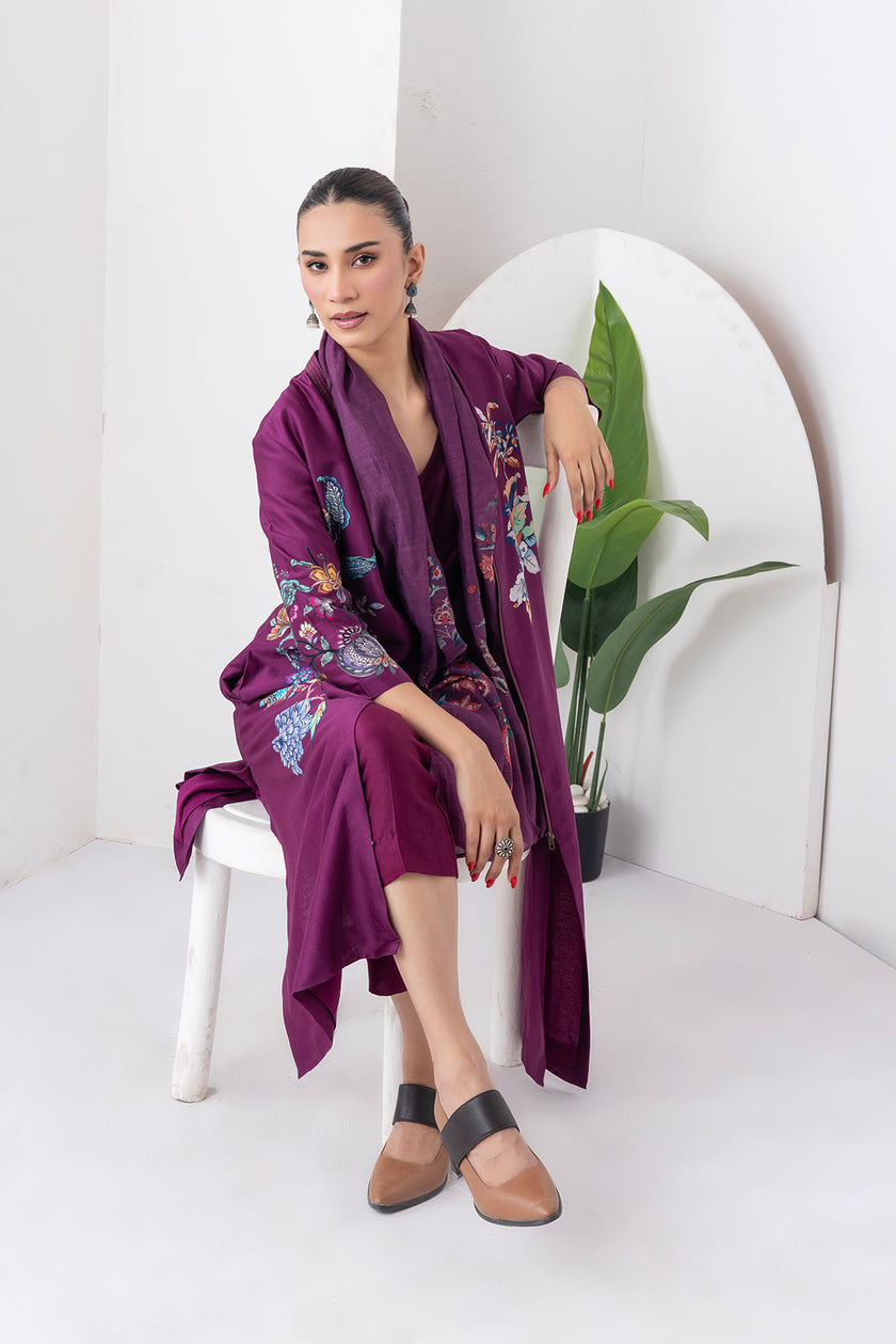 Wine Silk Chanderi Floral Printed Front Open Dress (1 PC)