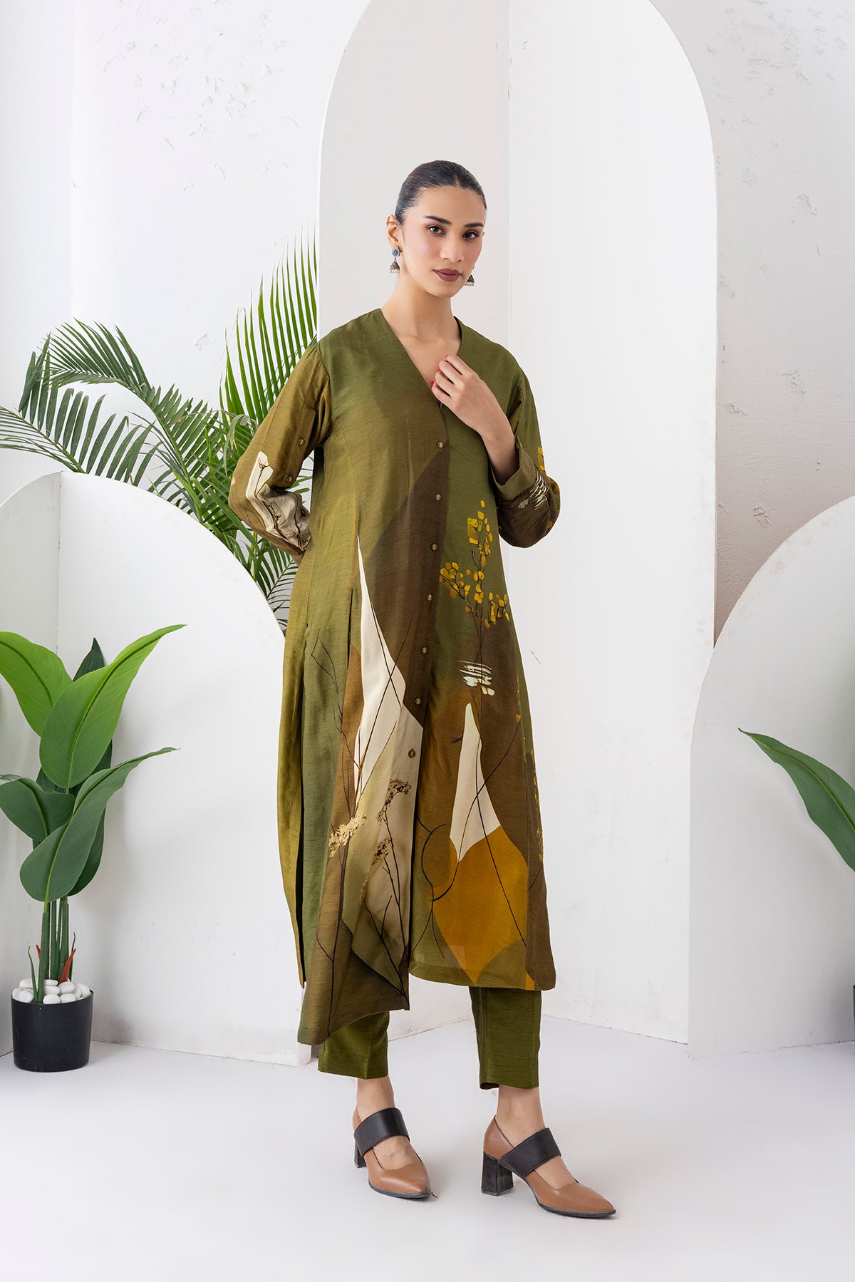 Moss Green Shaded Viscose Dupion Printed High-Low Dress (1 PC)