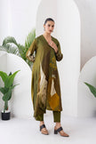Moss Green Shaded Viscose Dupion Printed High-Low Dress (1 PC)