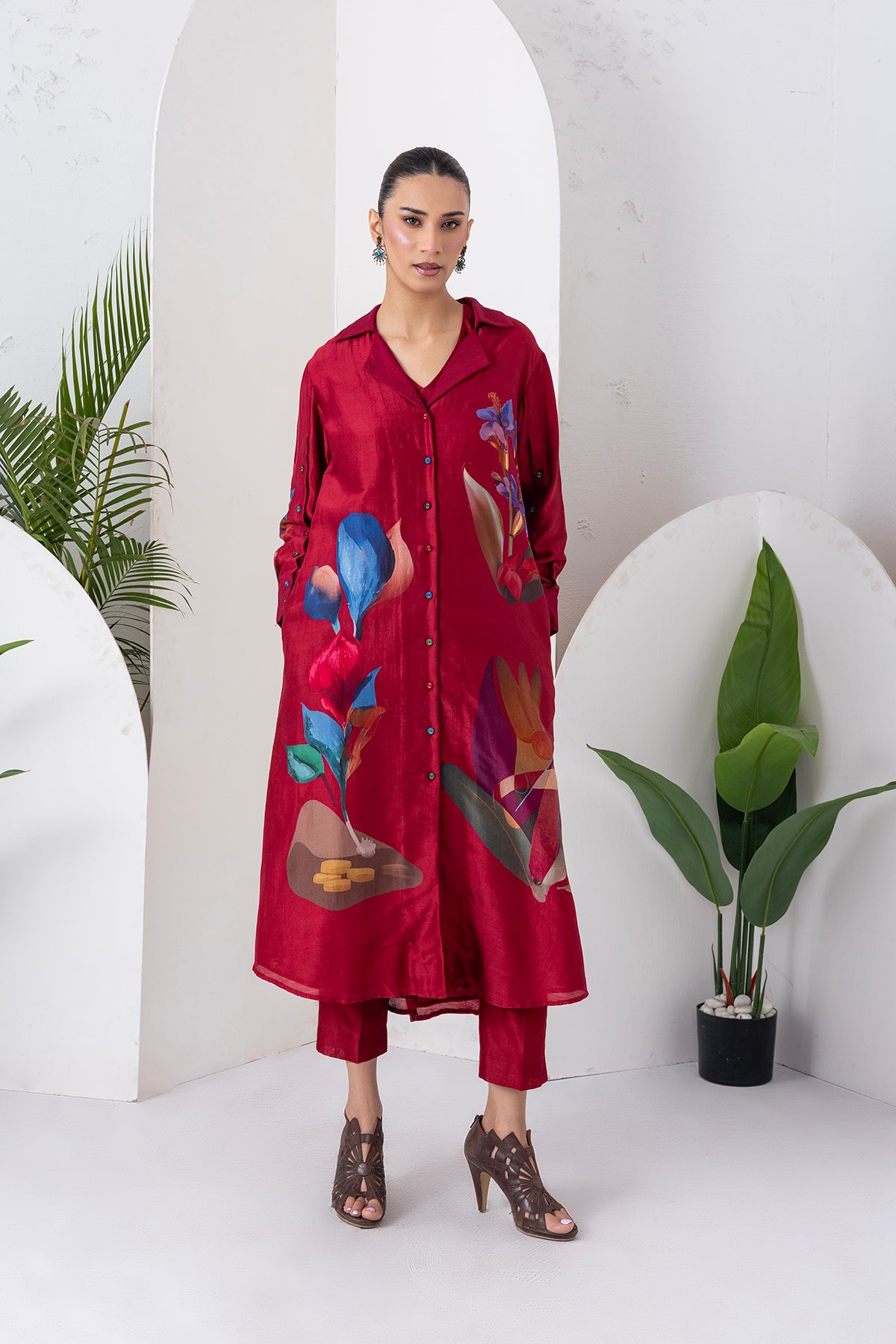 Red Silk Chanderi Printed Front Open Dress (1 PC)