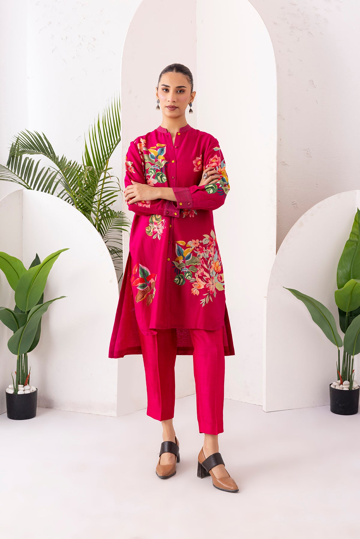 Hot Pink Silk Chanderi Floral Printed Shirt Style Tunic (1 PC)