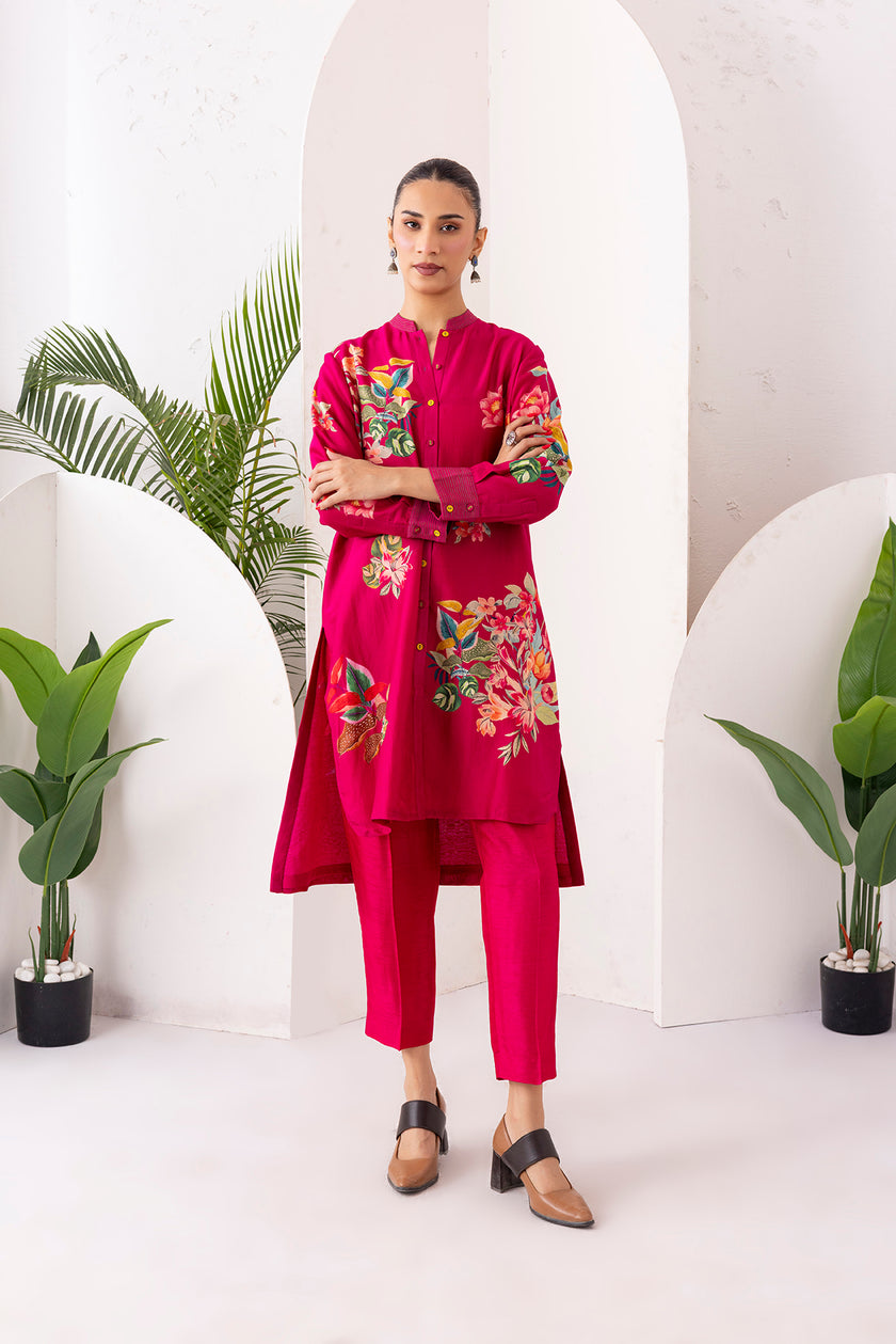 Hot Pink Silk Chanderi Floral Printed Shirt Style Tunic (1 PC)