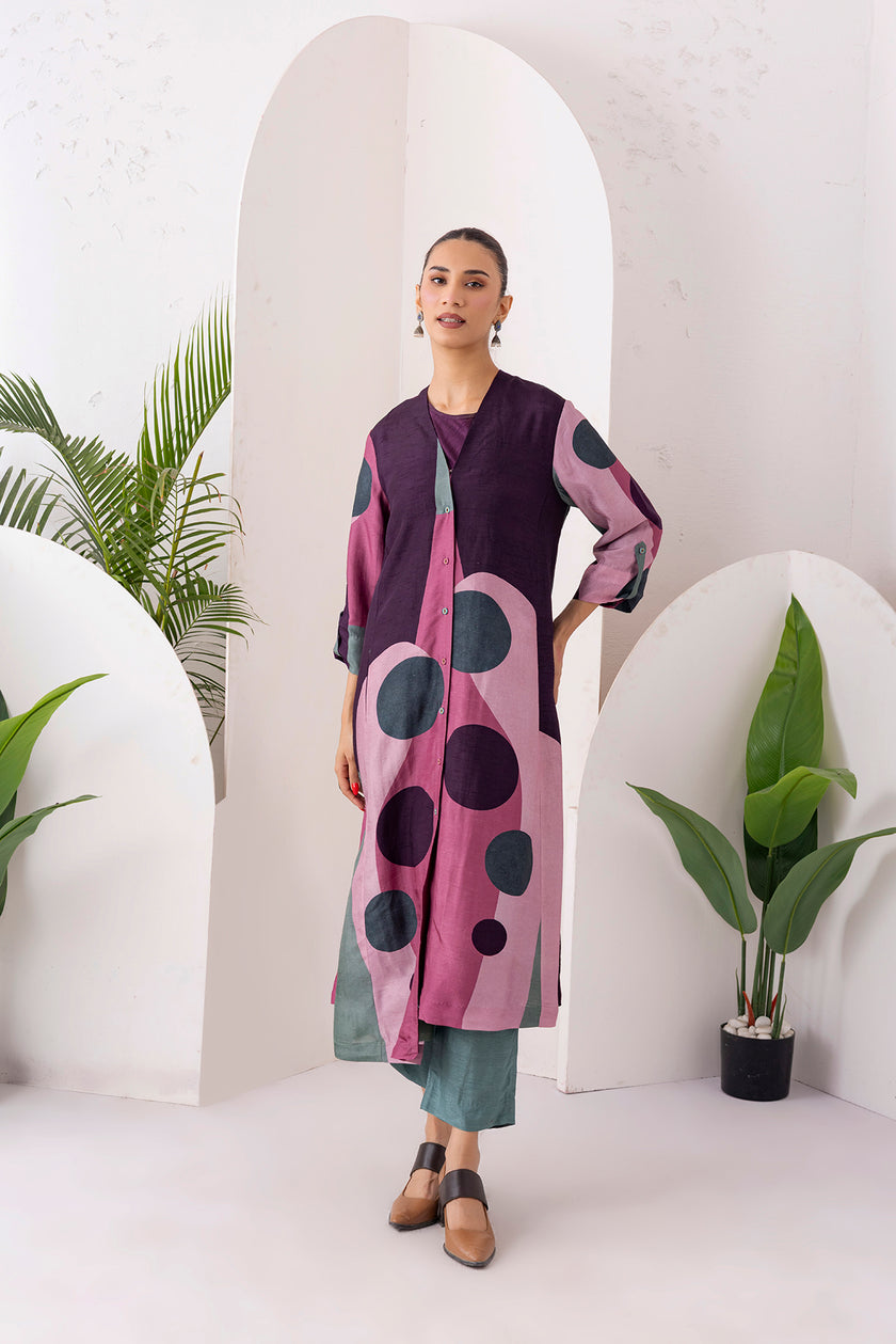 Salmon Pink & Wine Viscose Dupion Printed Dress (1 PC)