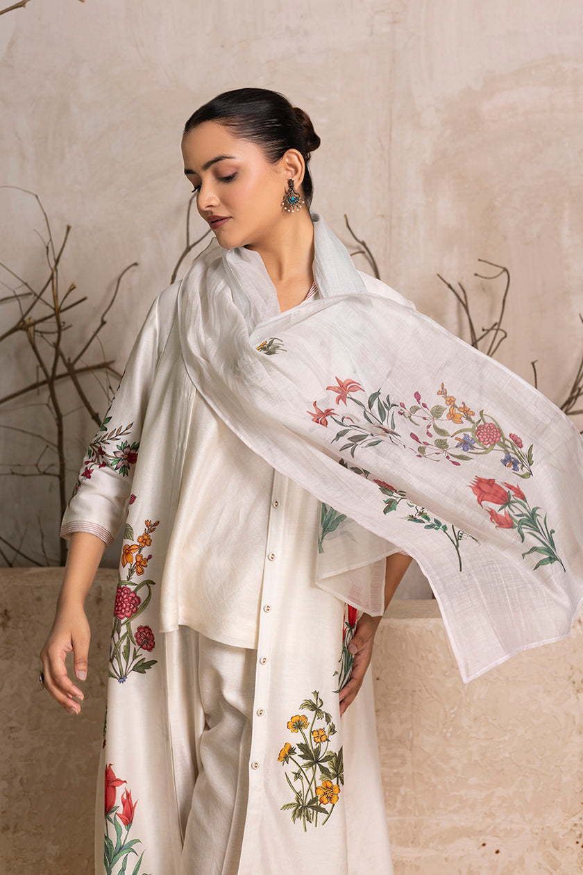 Ivory Silk Chanderi Floral Printed Front Open Dress (1 PC)
