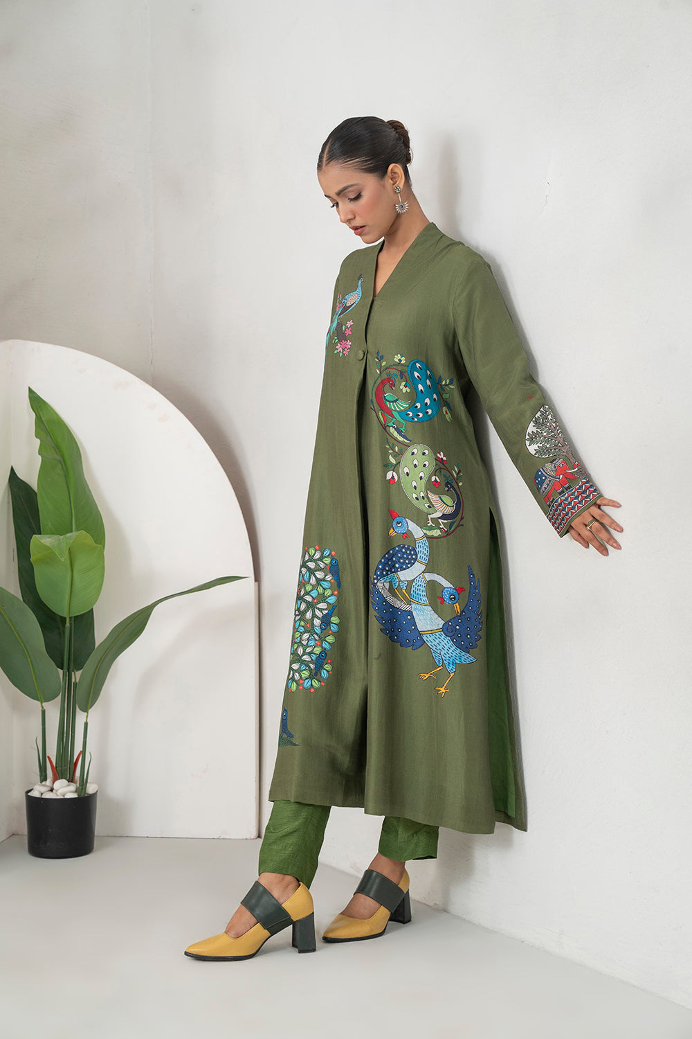 Leaf Green Silk Chanderi Front-Pleated Striking Peacock And Bird Printed Dress (1 PC)