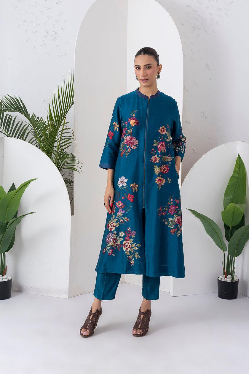 Indigo Silk Chanderi Floral Printed Front-Zip Dress (1 PC)