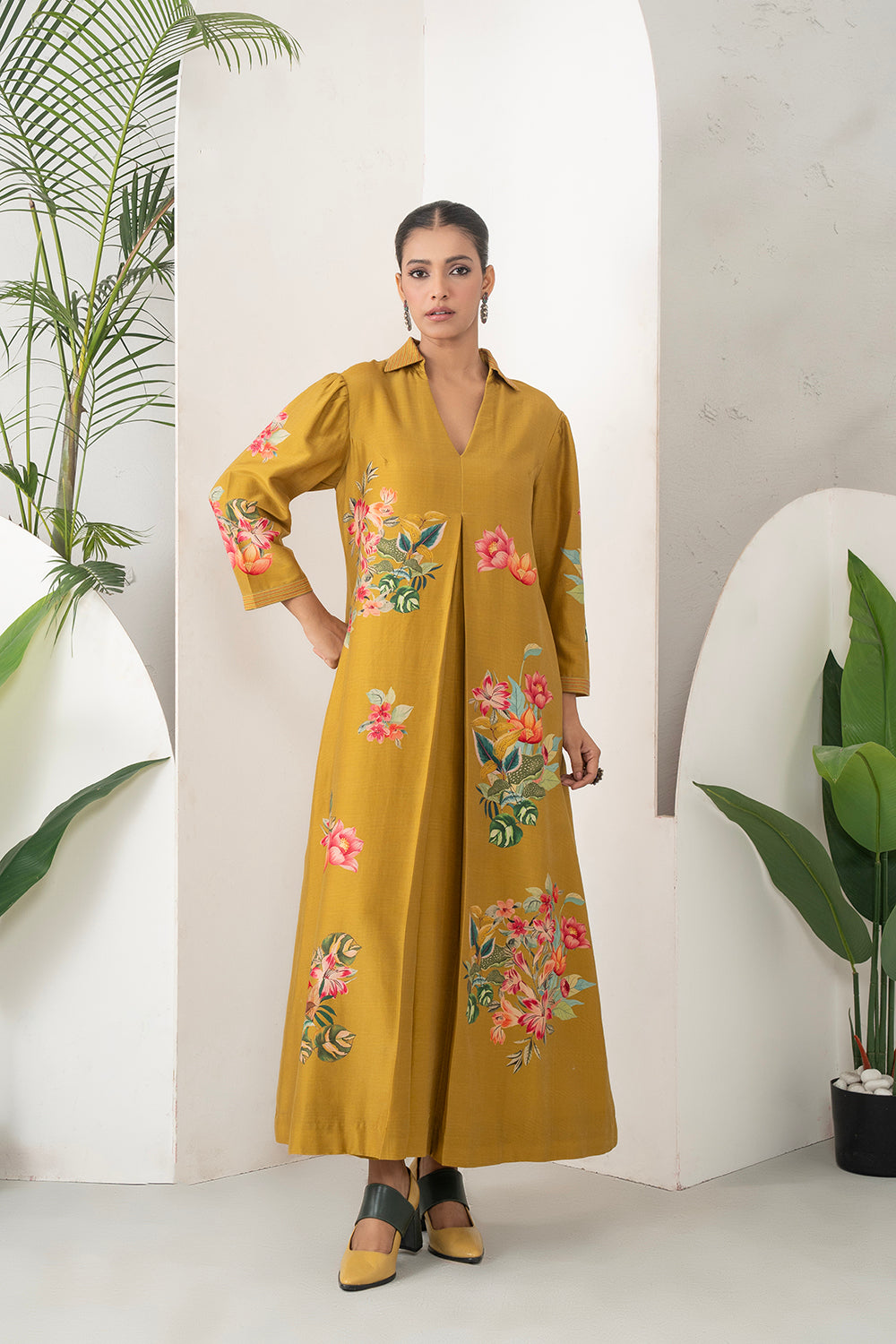 Mustard Silk Chanderi Front Pleat Detailed Colourful Floral Printed Dress (1 PC)