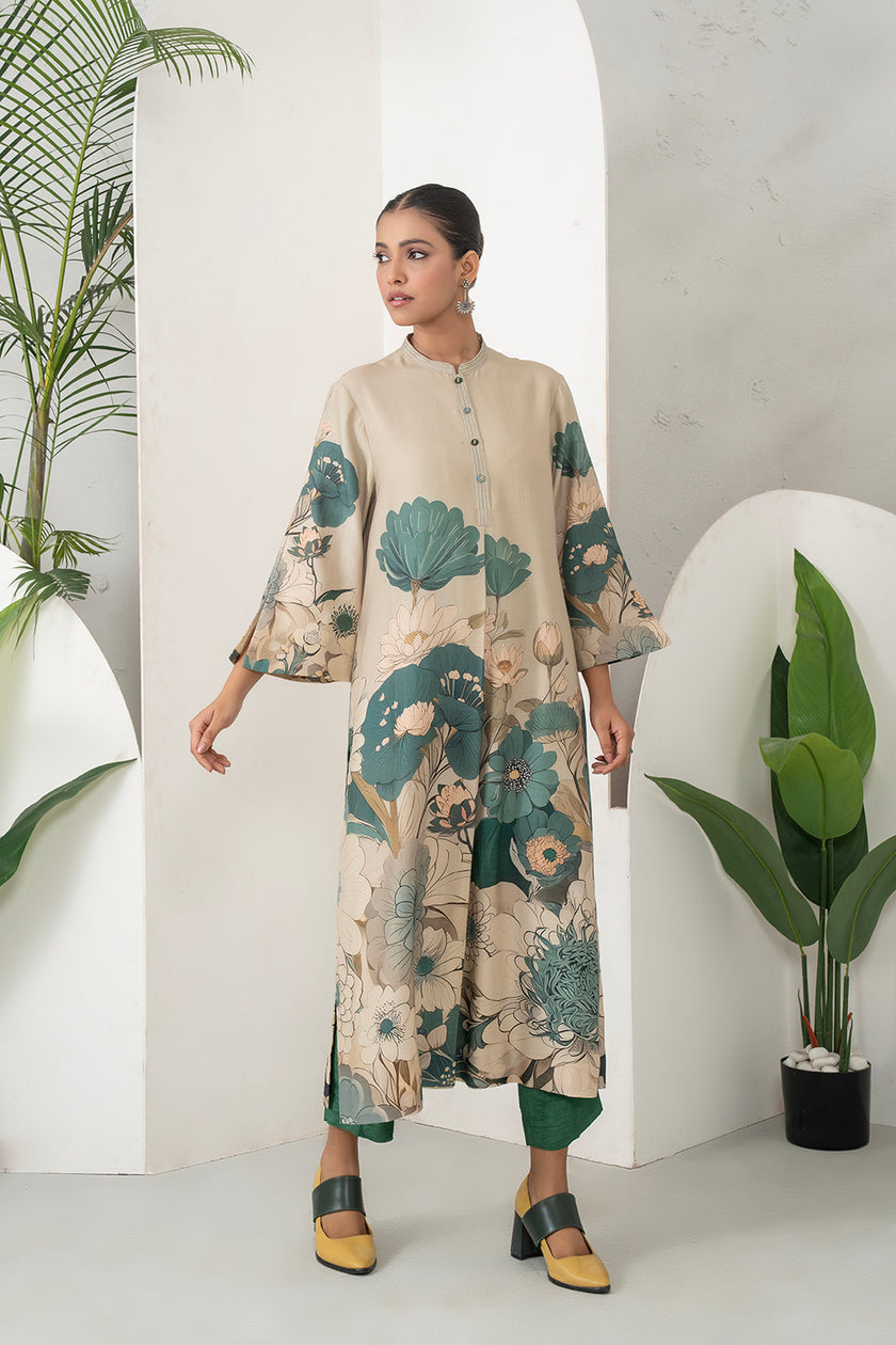 Beige Silk Chanderi Delicate Floral Artwork Printed Tunic (1 PC)