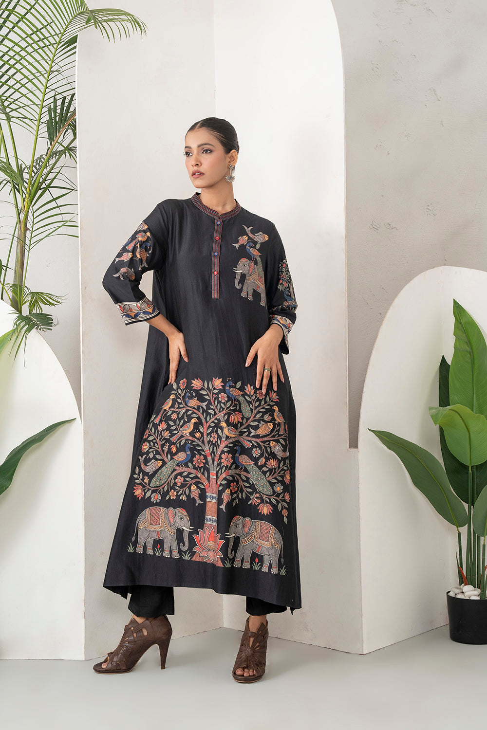 Black Silk Chanderi Rich Folk-Inspired Printed Tunic (1 PC)